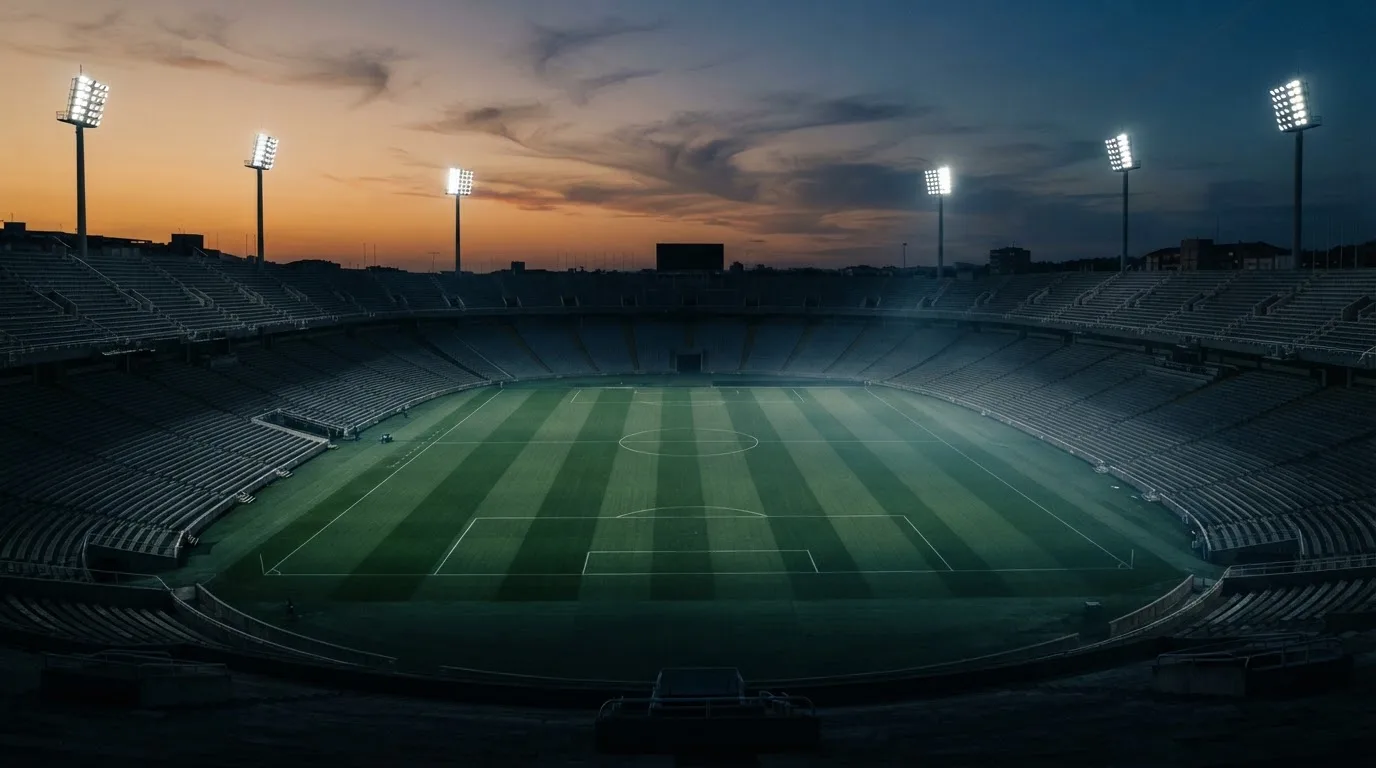 Een leeg voetbalstadion met lichtmasten bij schemering