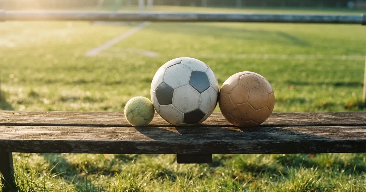 Drie ballen van verschillende soorten naast elkaar op een houten bank