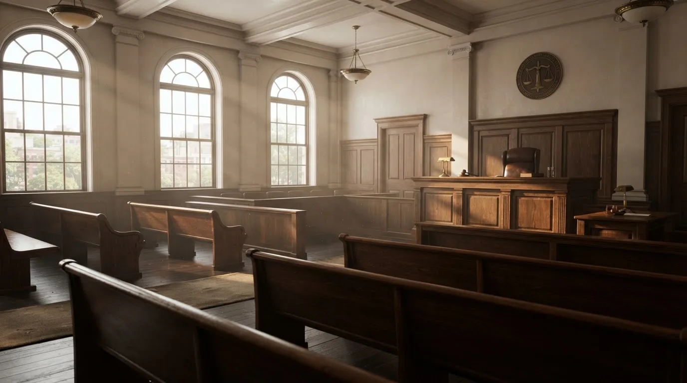 Een lege rechtszaal met houten banken in het ochtendlicht