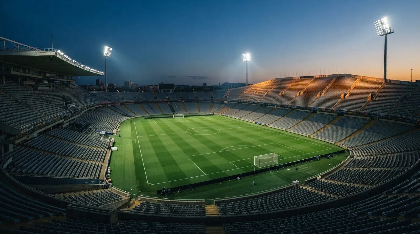 Een leeg voetbalstadion met lichtmasten bij schemering