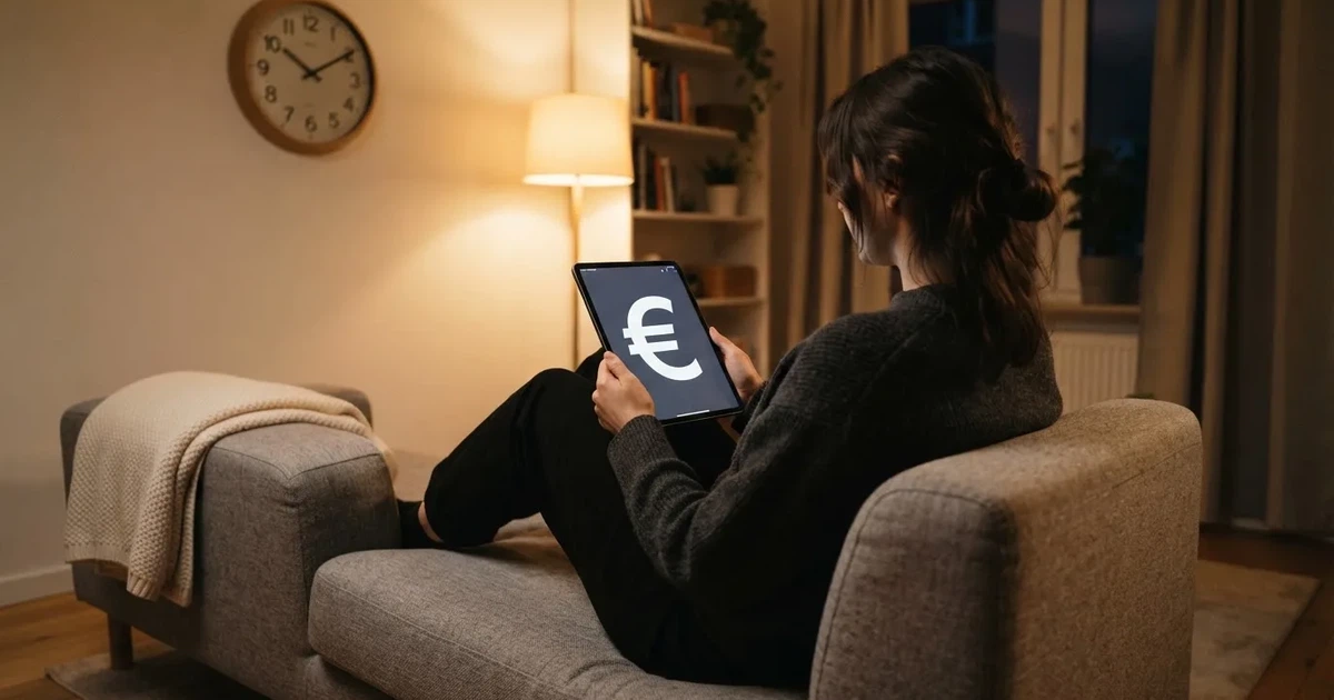 Een persoon op de bank kijkt peinzend naar een tablet, op de achtergrond een klok aan de muur