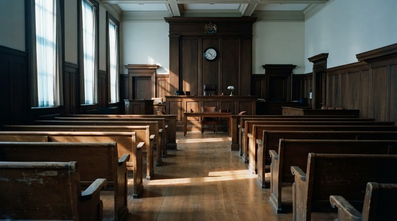 Een lege rechtszaal met houten banken in het ochtendlicht
