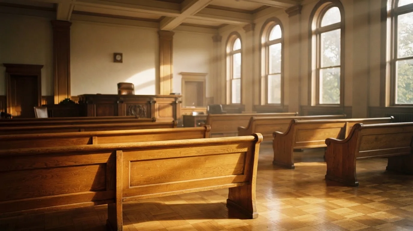 Een lege rechtszaal met houten banken in het ochtendlicht