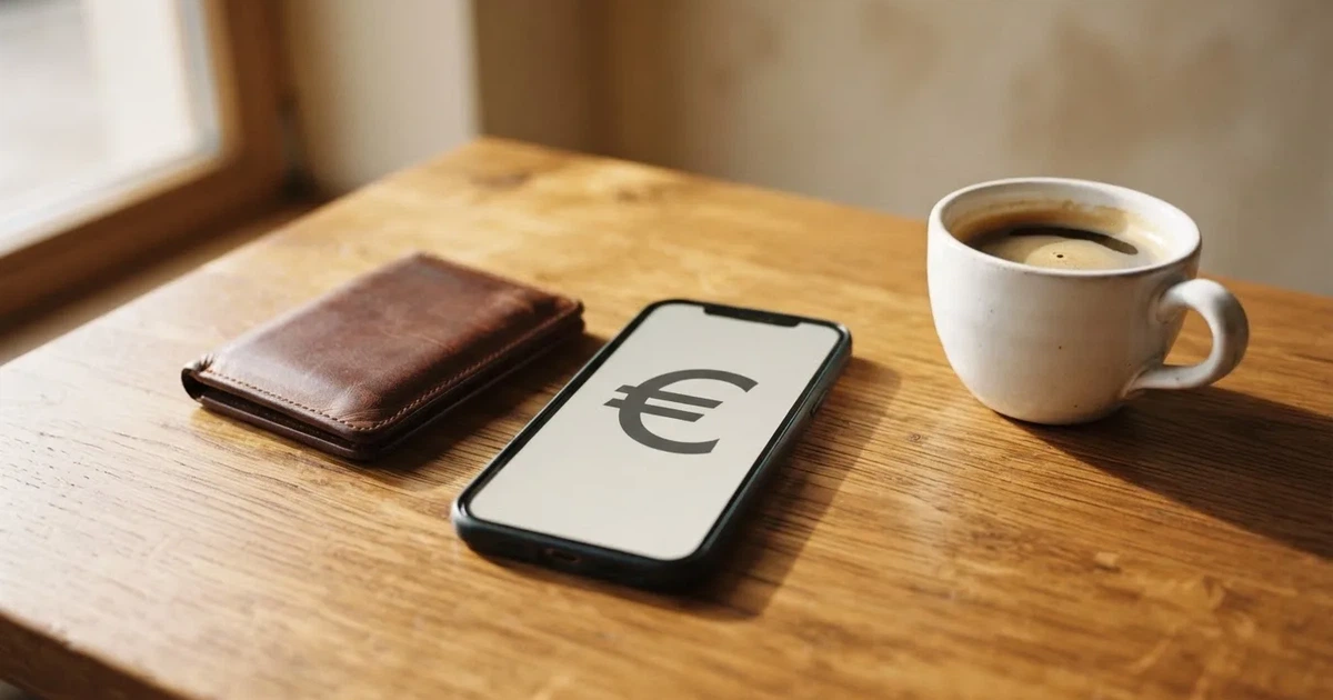 Een smartphone op een houten tafel naast een portemonnee en een kopje koffie