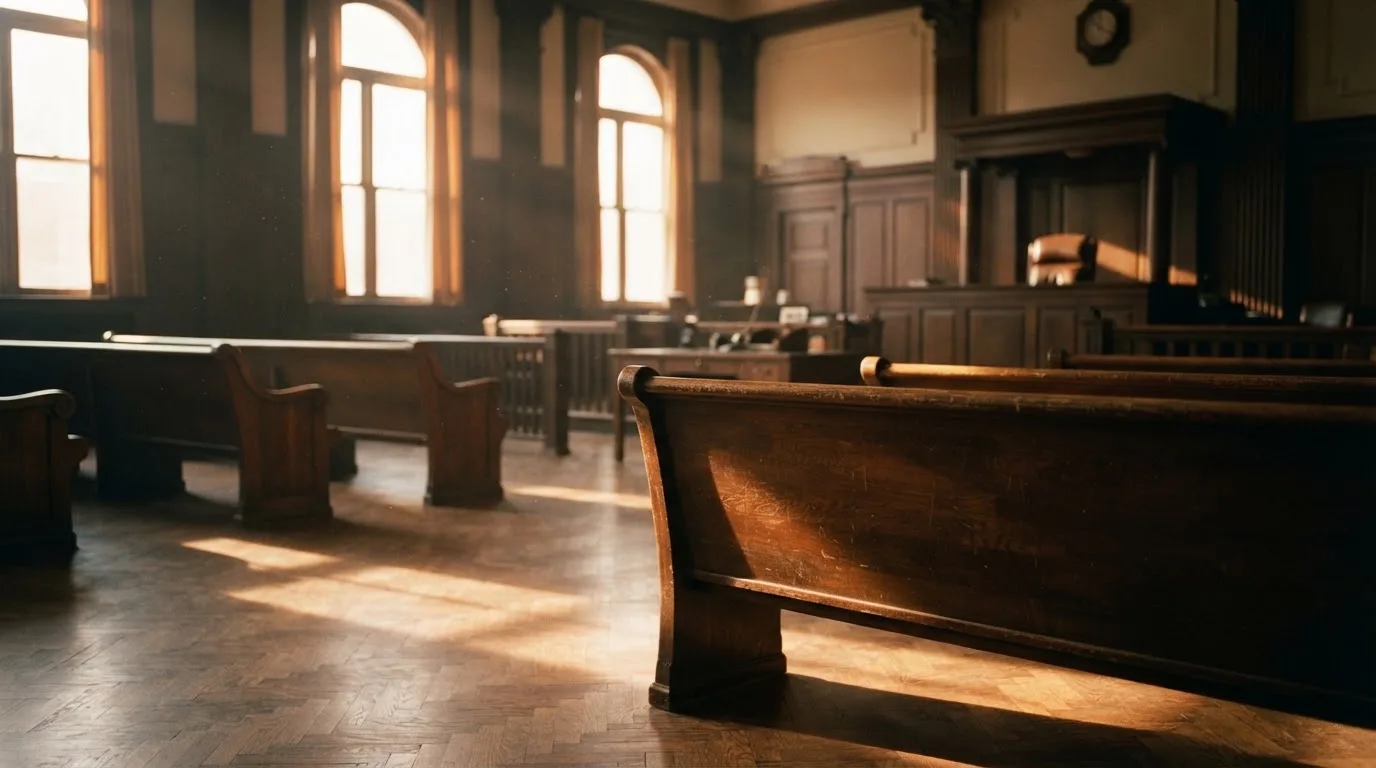 Een lege rechtszaal met houten banken in het ochtendlicht