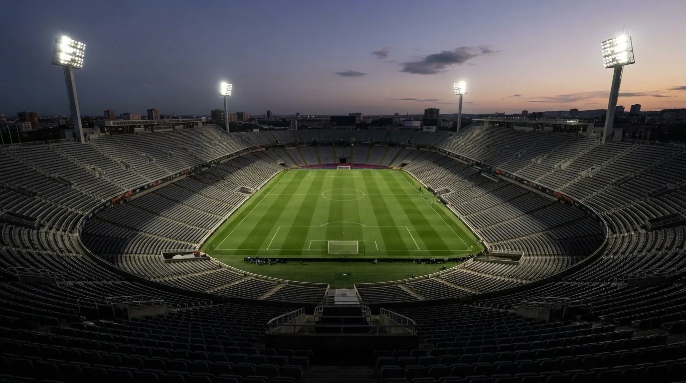 Een leeg voetbalstadion met lichtmasten bij schemering