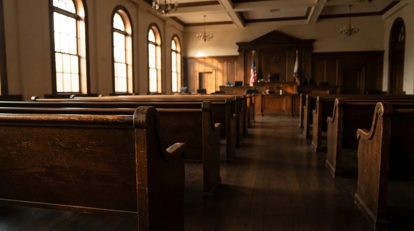 Een lege rechtszaal met houten banken in het ochtendlicht