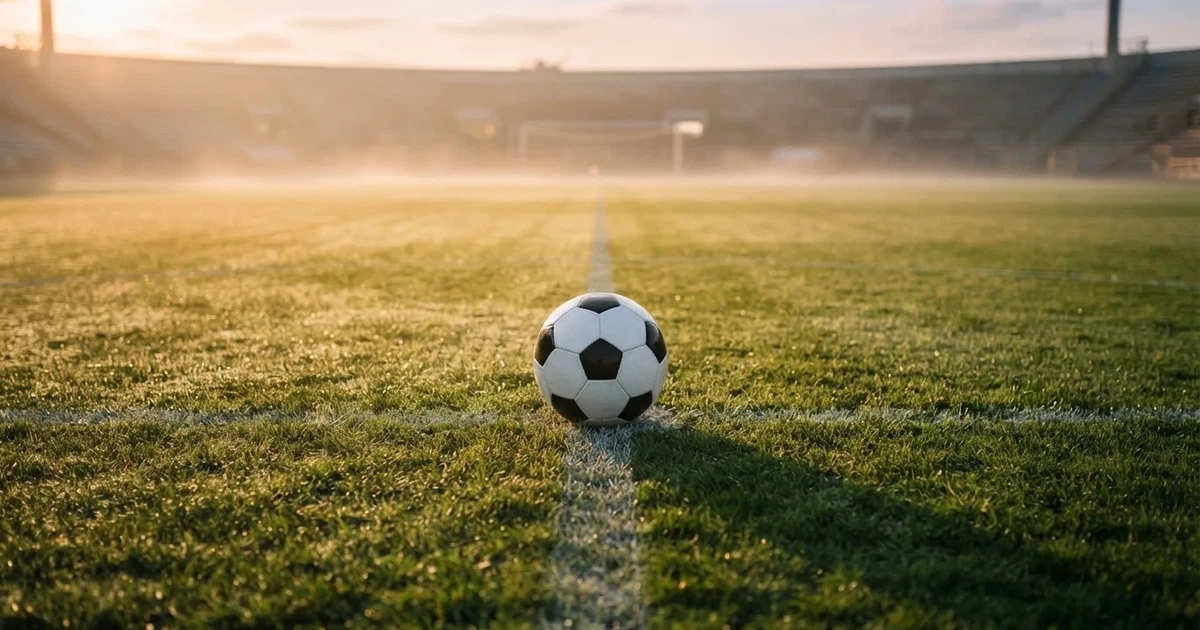 Een voetbal op de middenstip van een grasveld in het ochtendlicht