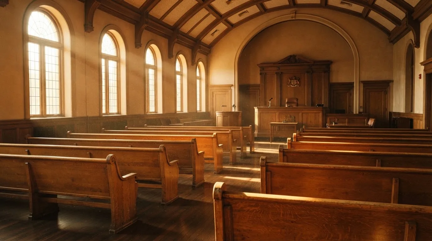 Een lege rechtszaal met houten banken in het ochtendlicht