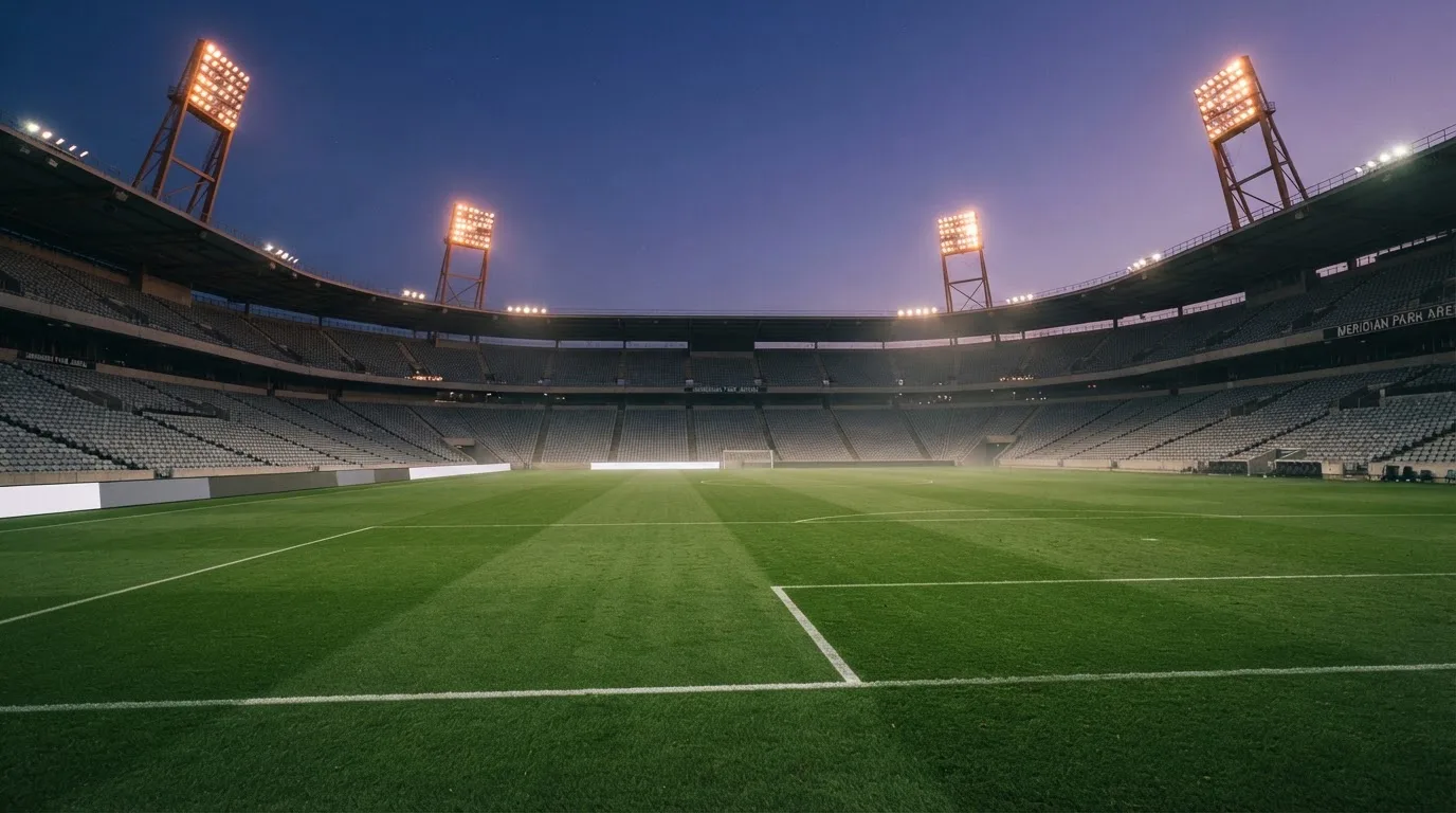 Een leeg voetbalstadion met lichtmasten bij schemering
