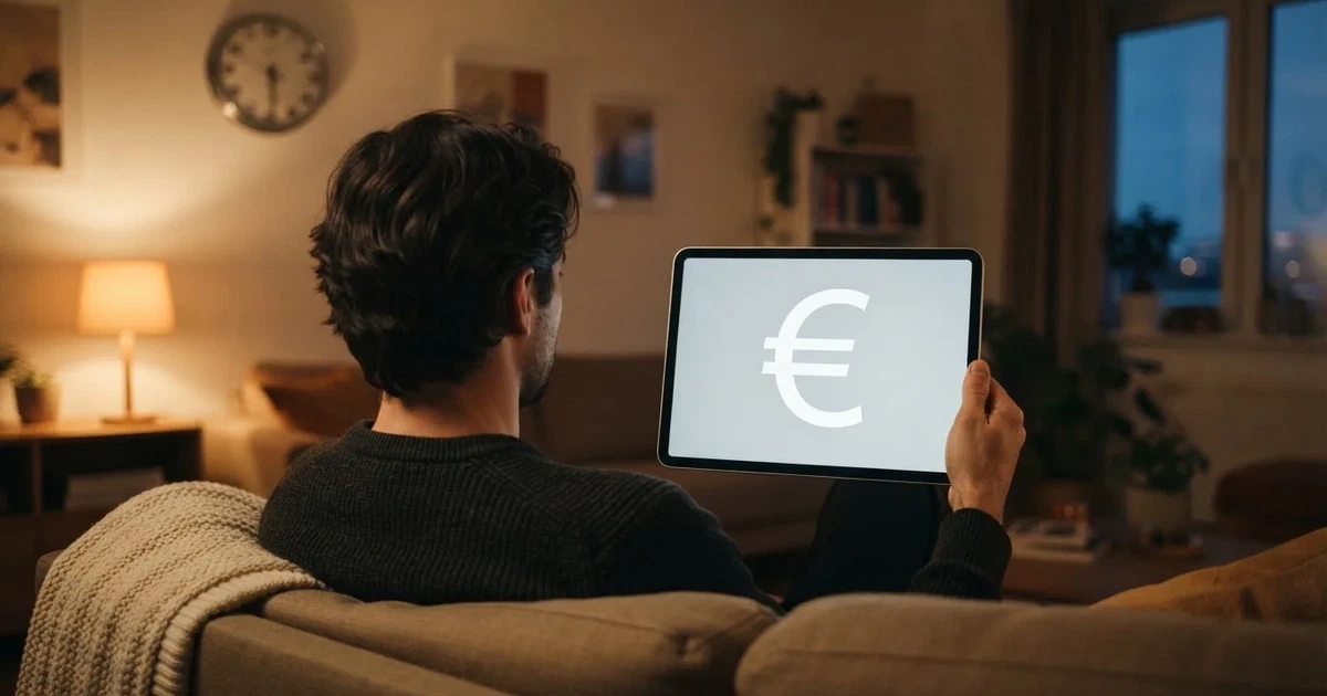 Een persoon op de bank kijkt peinzend naar een tablet, op de achtergrond een klok aan de muur