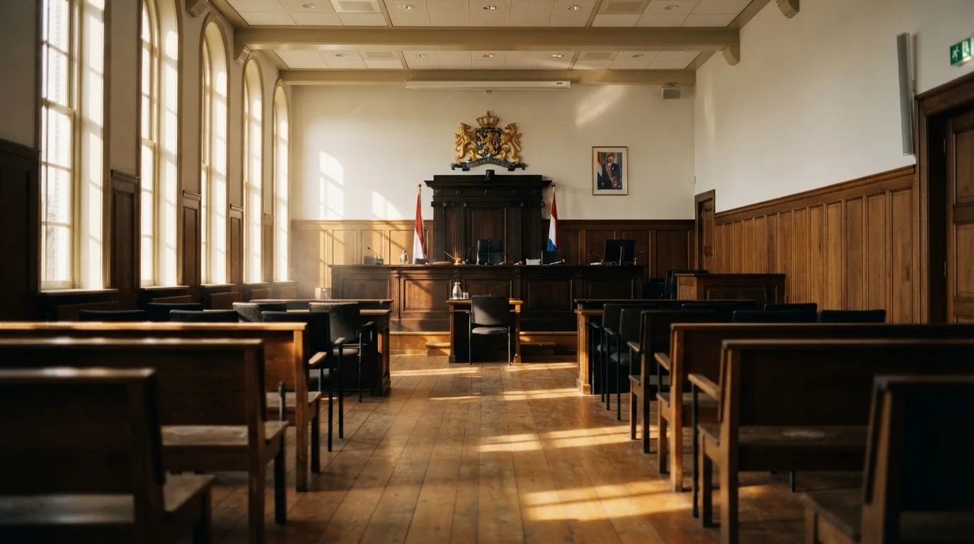 Een lege rechtszaal met houten banken in het ochtendlicht