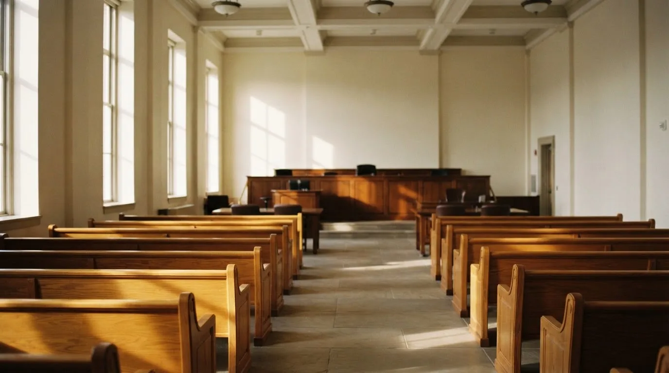 Een lege rechtszaal met houten banken in het ochtendlicht