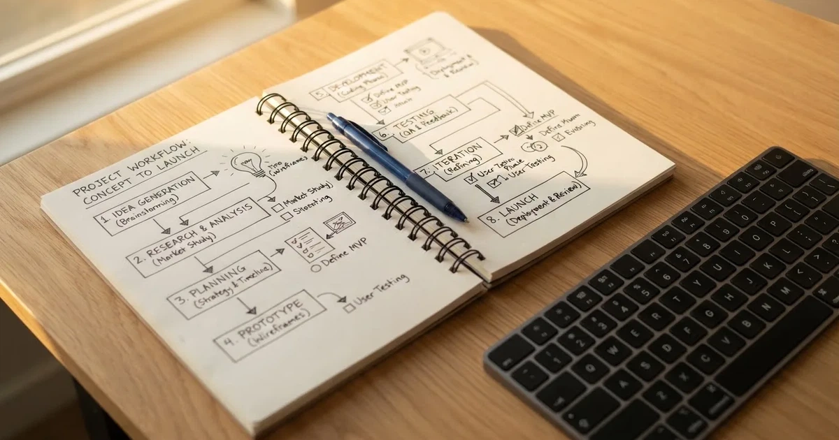 Een notitieblok met een met de hand getekend stappenplan naast een toetsenbord