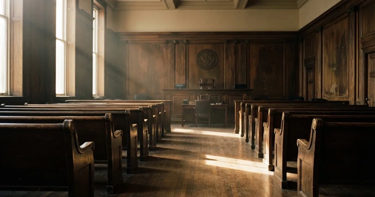 Een lege rechtszaal met houten banken in het ochtendlicht