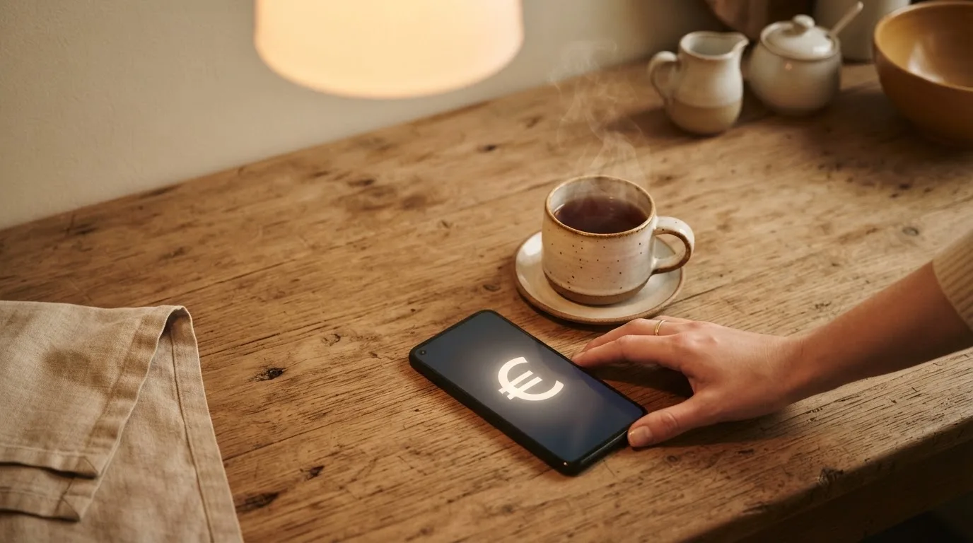Een hand legt een smartphone naast een kopje thee op een keukentafel, een rustige avond