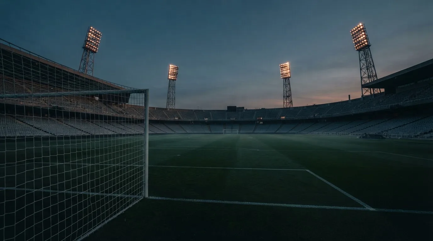 Een leeg voetbalstadion met lichtmasten bij schemering