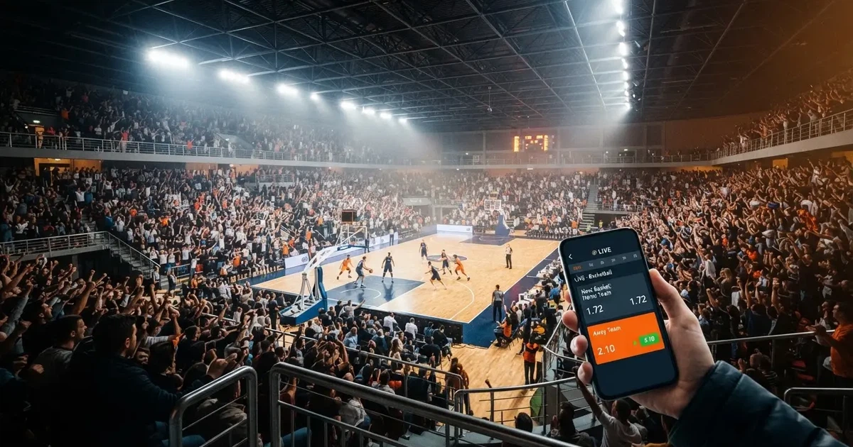 Een volle sporthal onder schijnwerpers, van grote afstand gefotografeerd
