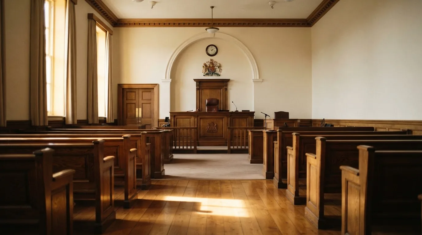Een lege rechtszaal met houten banken in het ochtendlicht