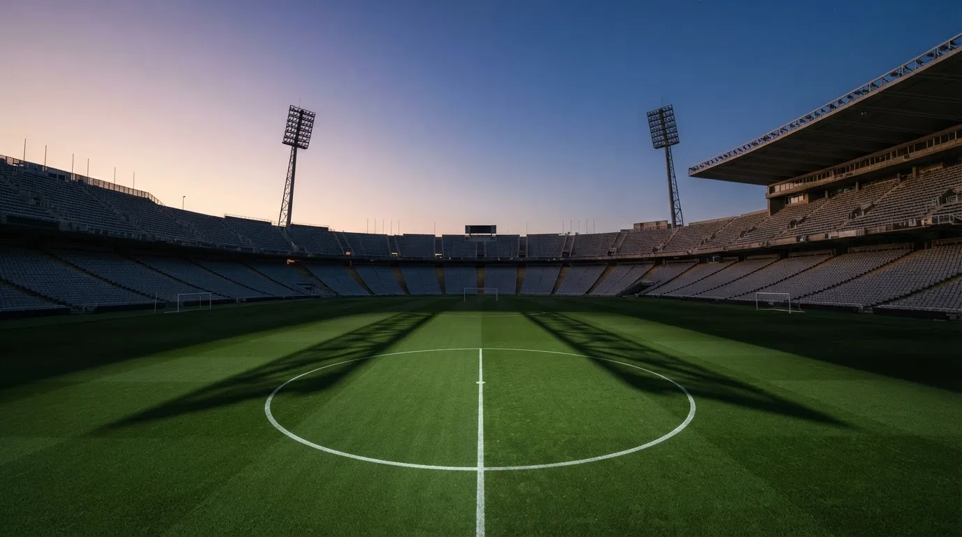 Een leeg voetbalstadion met lichtmasten bij schemering