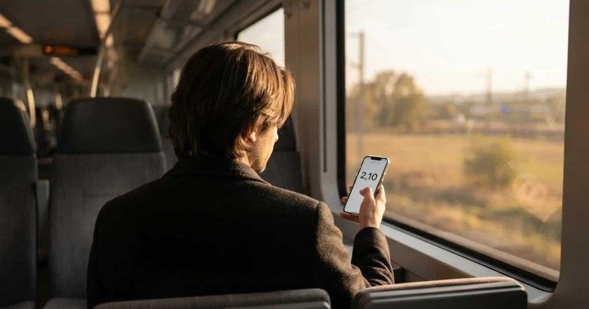 Een hand houdt een smartphone vast in de trein, het scherm van de camera afgewend