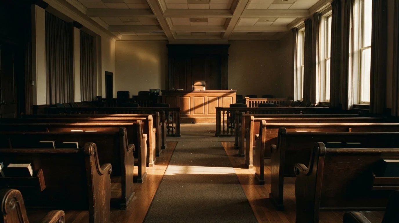 Een lege rechtszaal met houten banken in het ochtendlicht