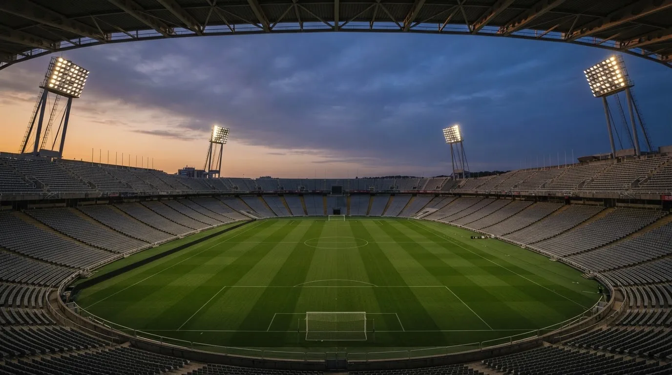 Een leeg voetbalstadion met lichtmasten bij schemering