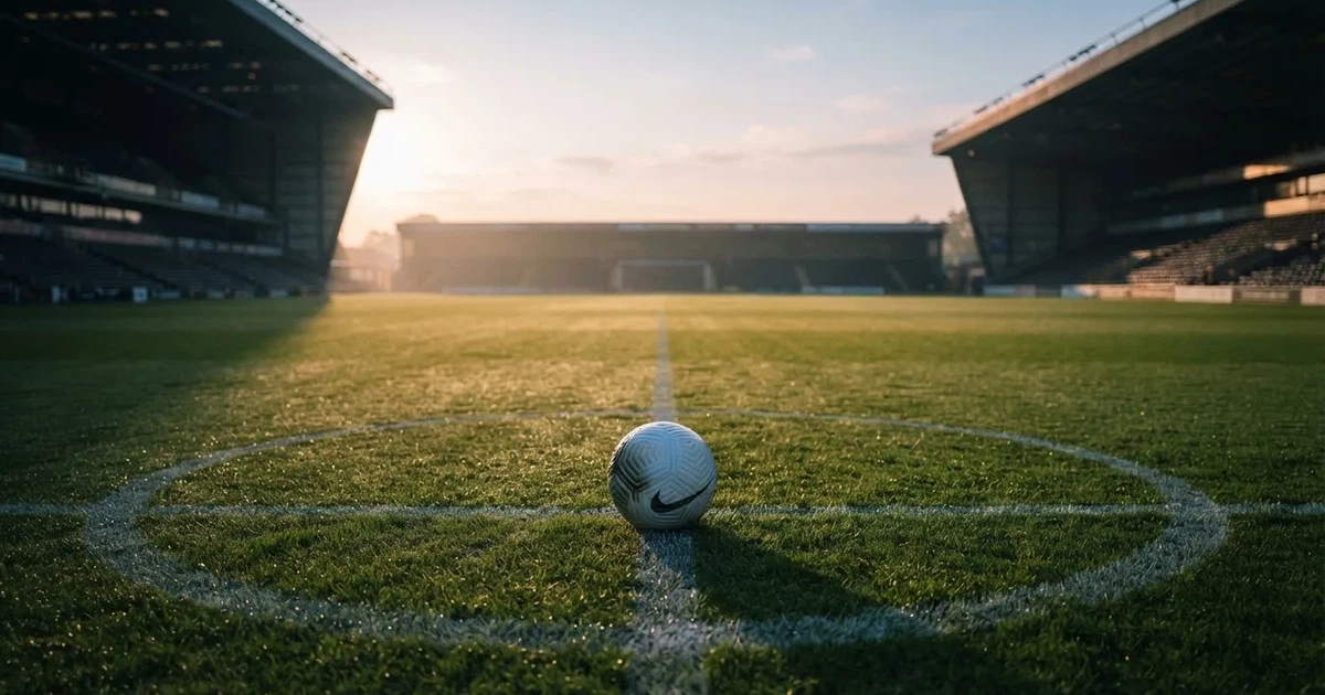 Een voetbal op de middenstip van een grasveld in het ochtendlicht