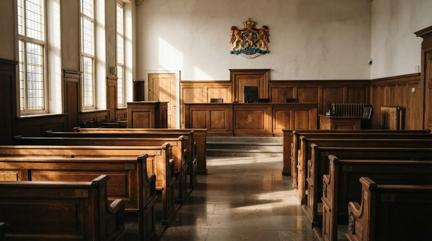 Een lege rechtszaal met houten banken in het ochtendlicht