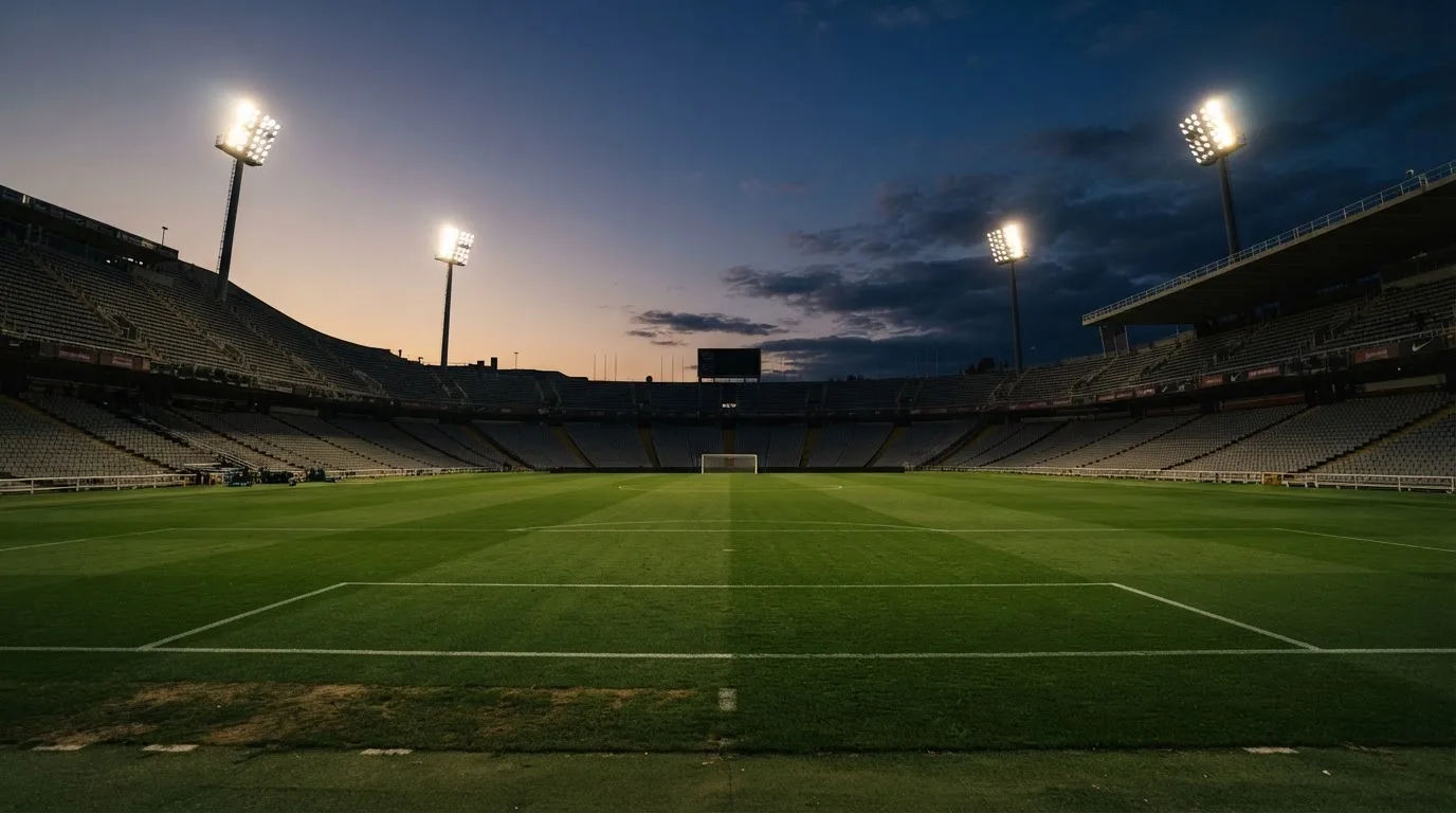 Een leeg voetbalstadion met lichtmasten bij schemering
