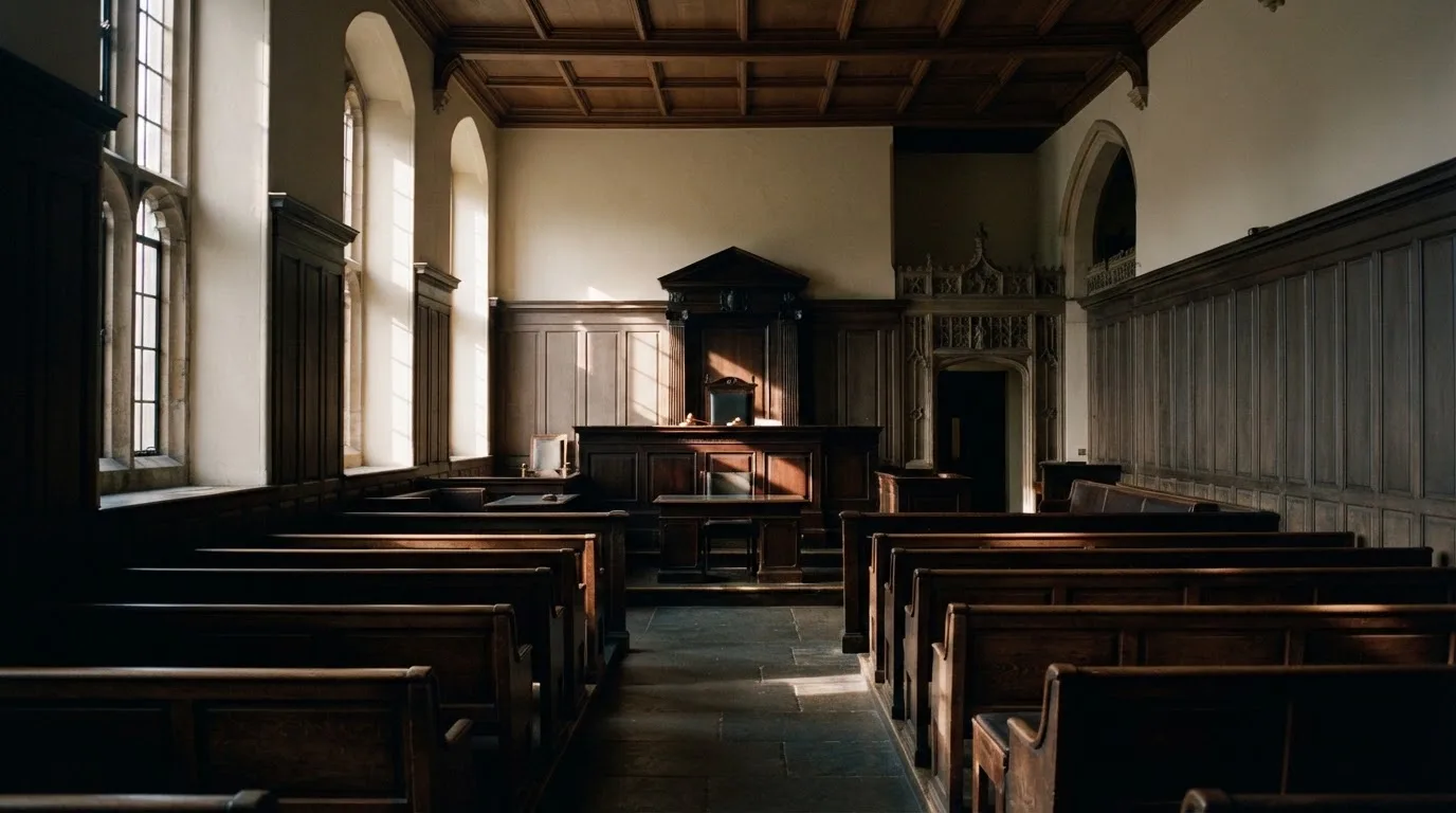 Een lege rechtszaal met houten banken in het ochtendlicht