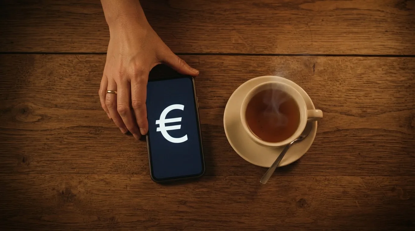 Een hand legt een smartphone naast een kopje thee op een keukentafel, een rustige avond