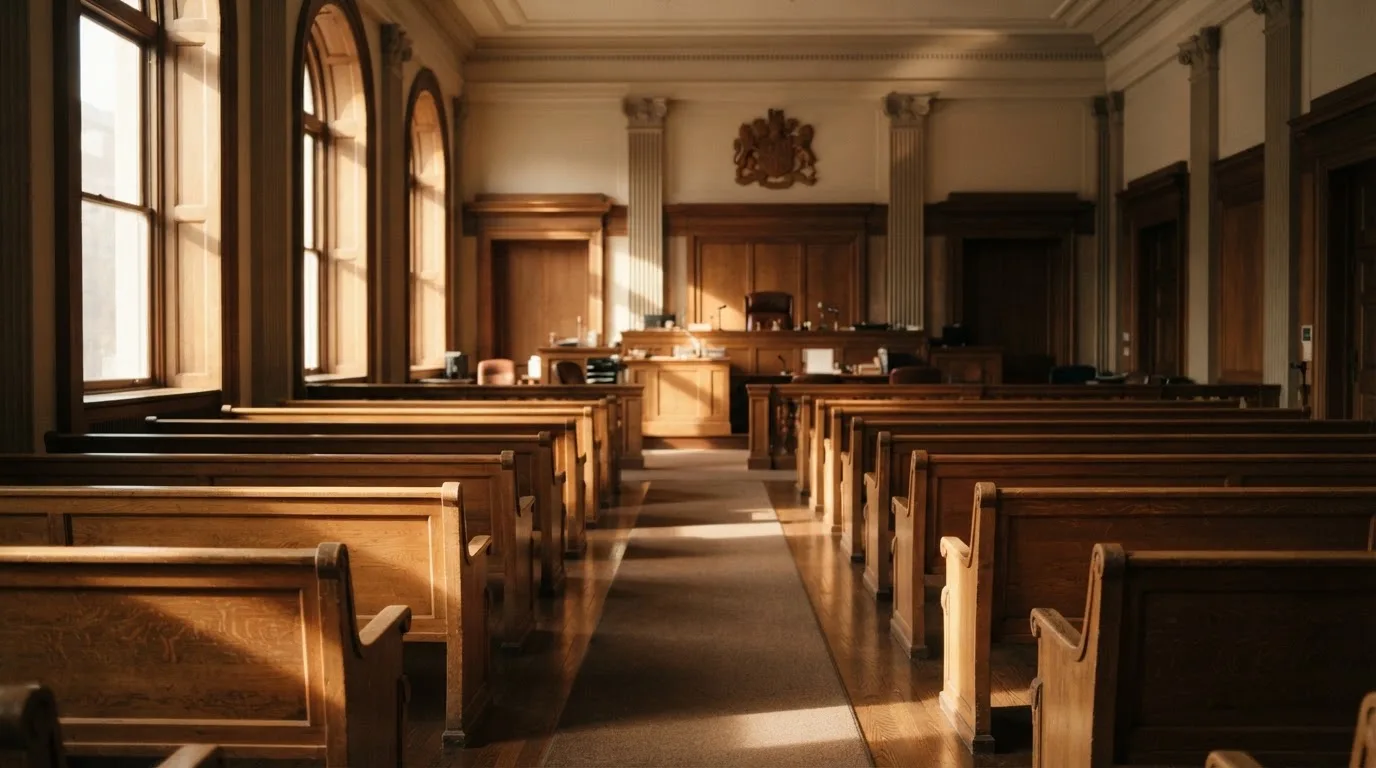 Een lege rechtszaal met houten banken in het ochtendlicht