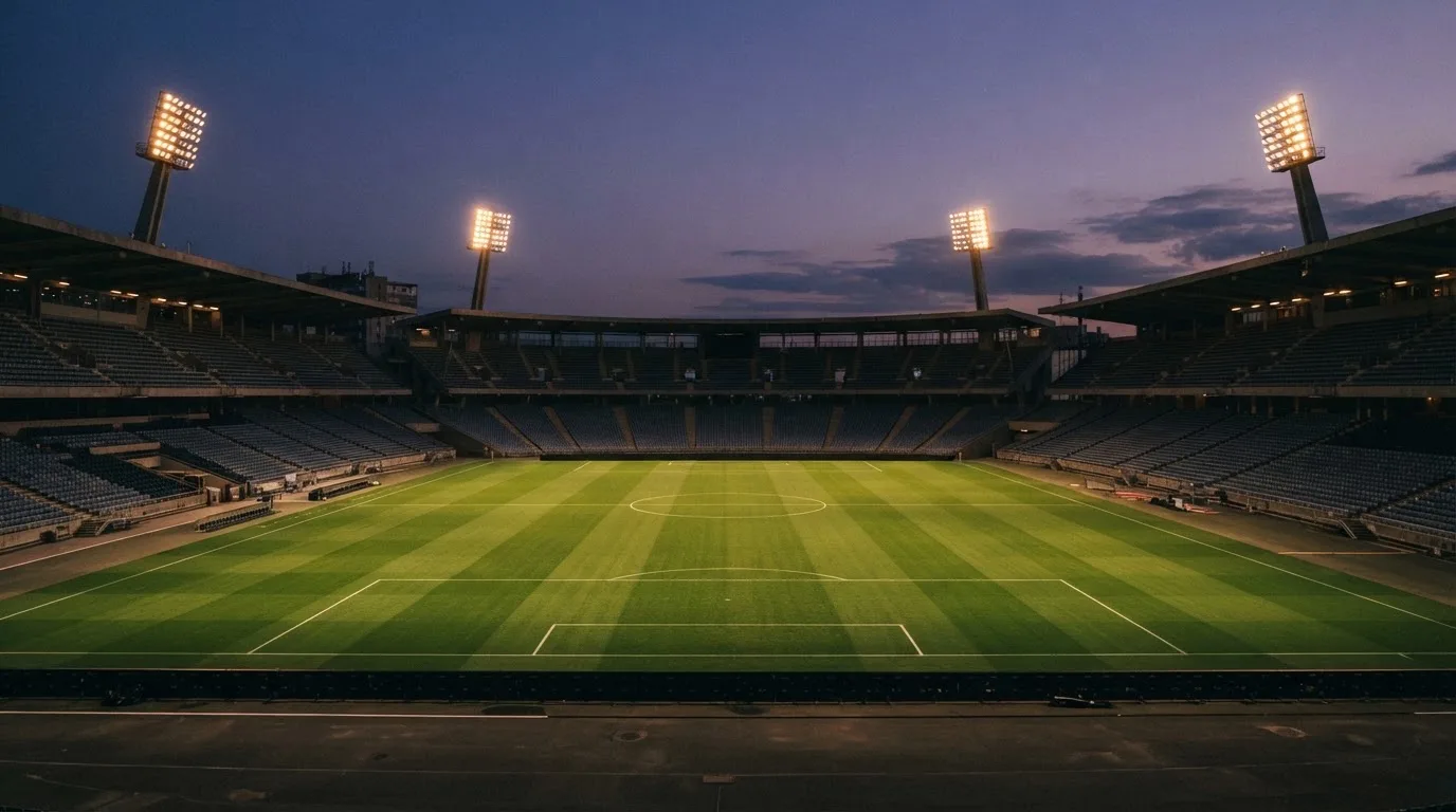 Een leeg voetbalstadion met lichtmasten bij schemering