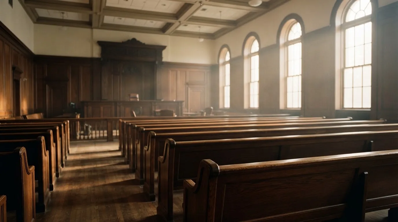 Een lege rechtszaal met houten banken in het ochtendlicht