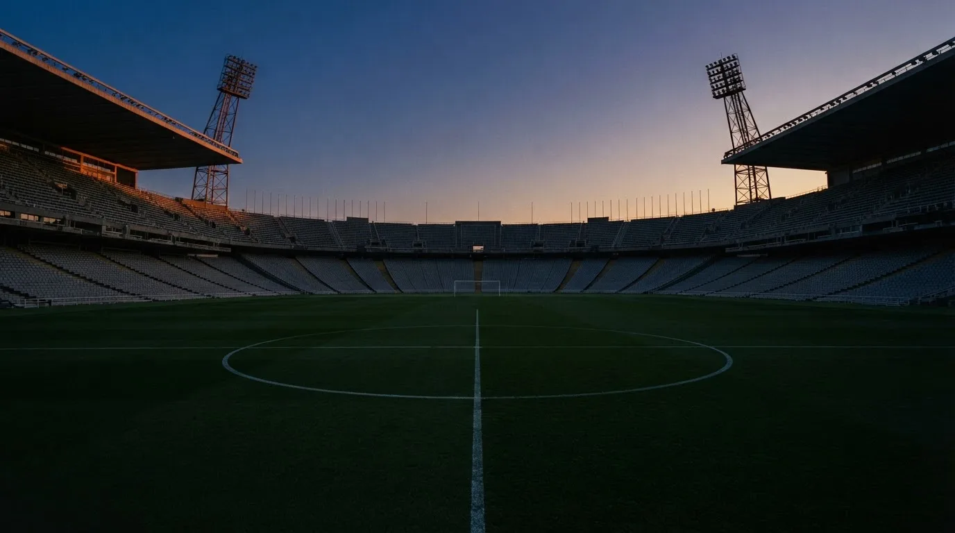 Een leeg voetbalstadion met lichtmasten bij schemering