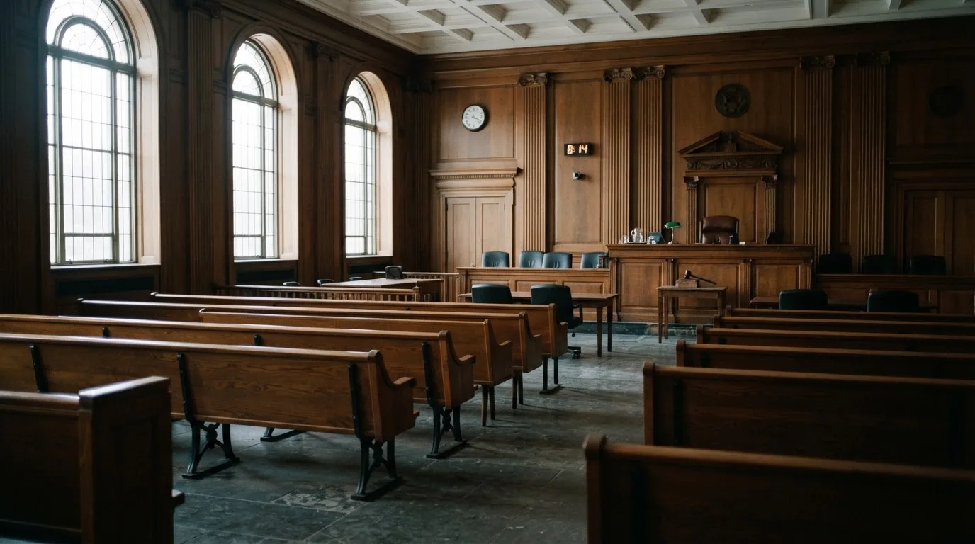 Een lege rechtszaal met houten banken in het ochtendlicht