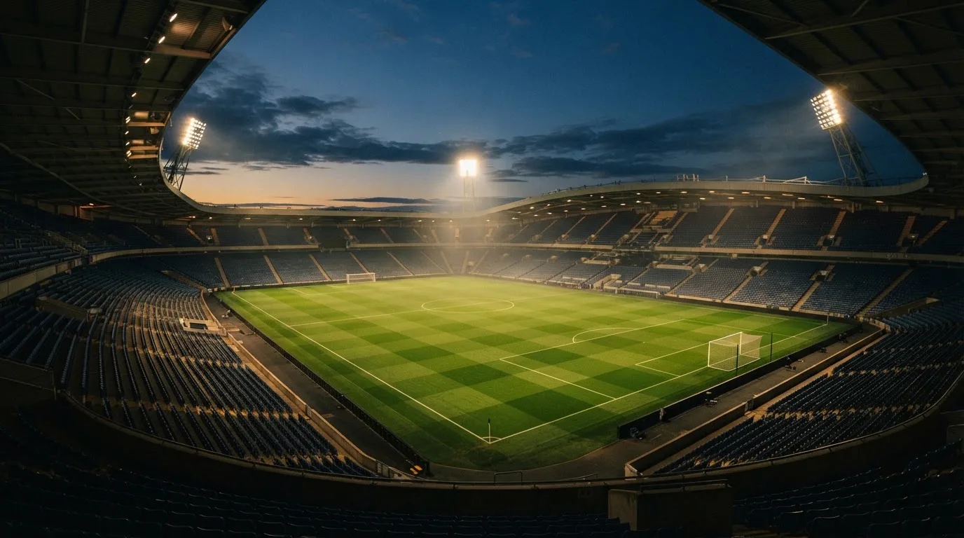Een leeg voetbalstadion met lichtmasten bij schemering