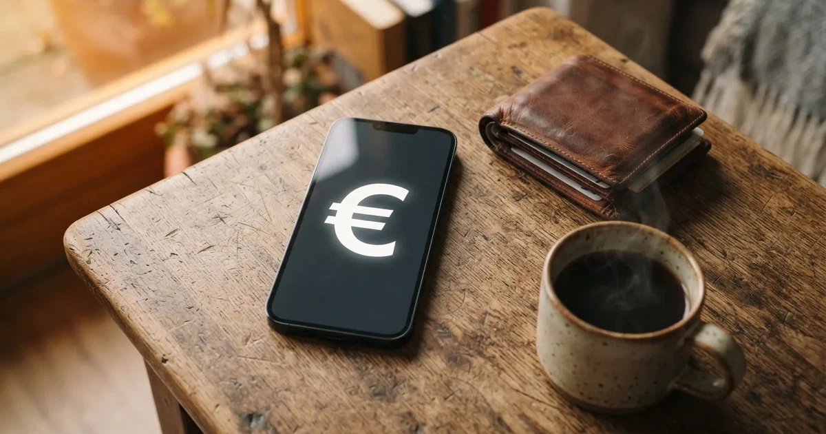 Een smartphone op een houten tafel naast een portemonnee en een kopje koffie