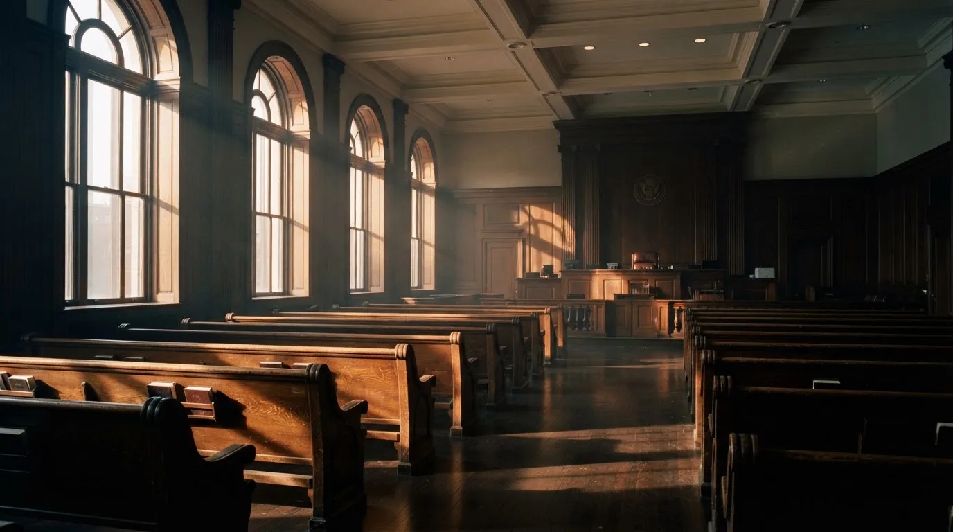 Een lege rechtszaal met houten banken in het ochtendlicht