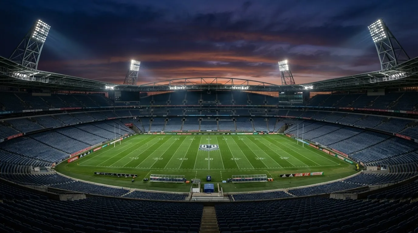Een leeg voetbalstadion met lichtmasten bij schemering