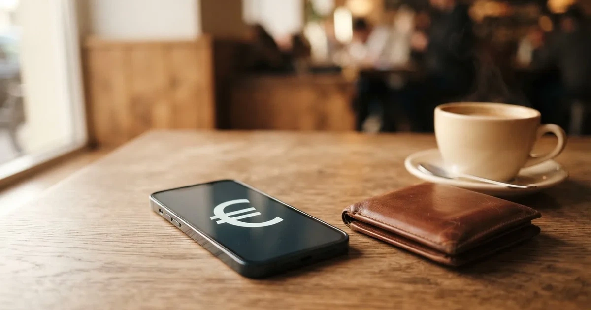 Een smartphone op een houten tafel naast een portemonnee en een kopje koffie