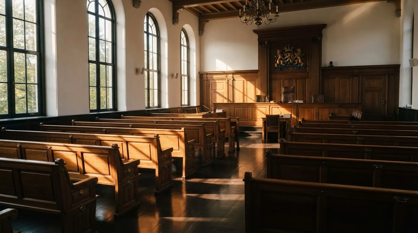 Een lege rechtszaal met houten banken in het ochtendlicht