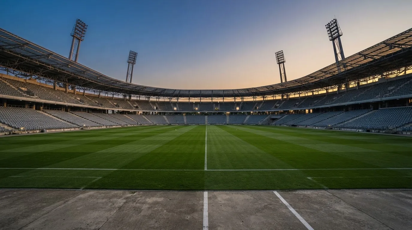 Een leeg voetbalstadion met lichtmasten bij schemering
