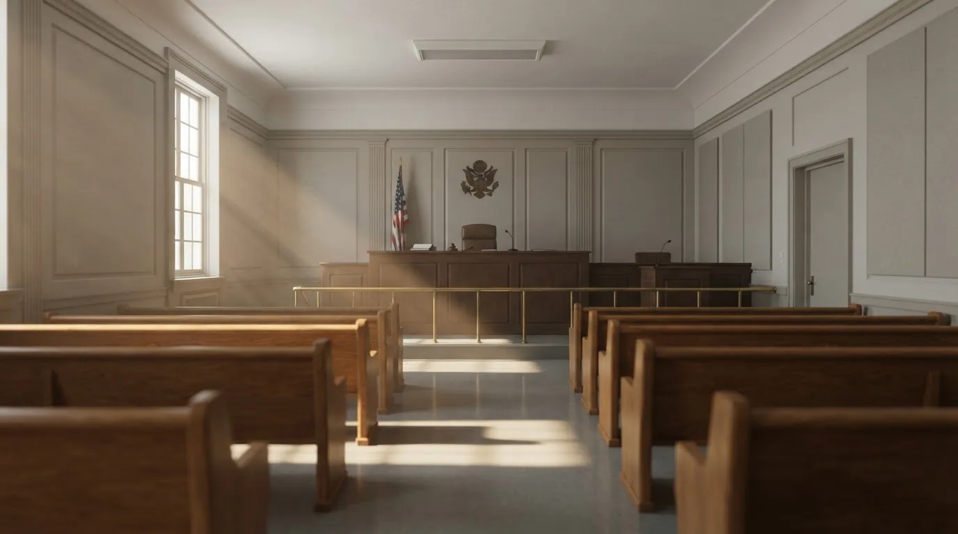 Een lege rechtszaal met houten banken in het ochtendlicht