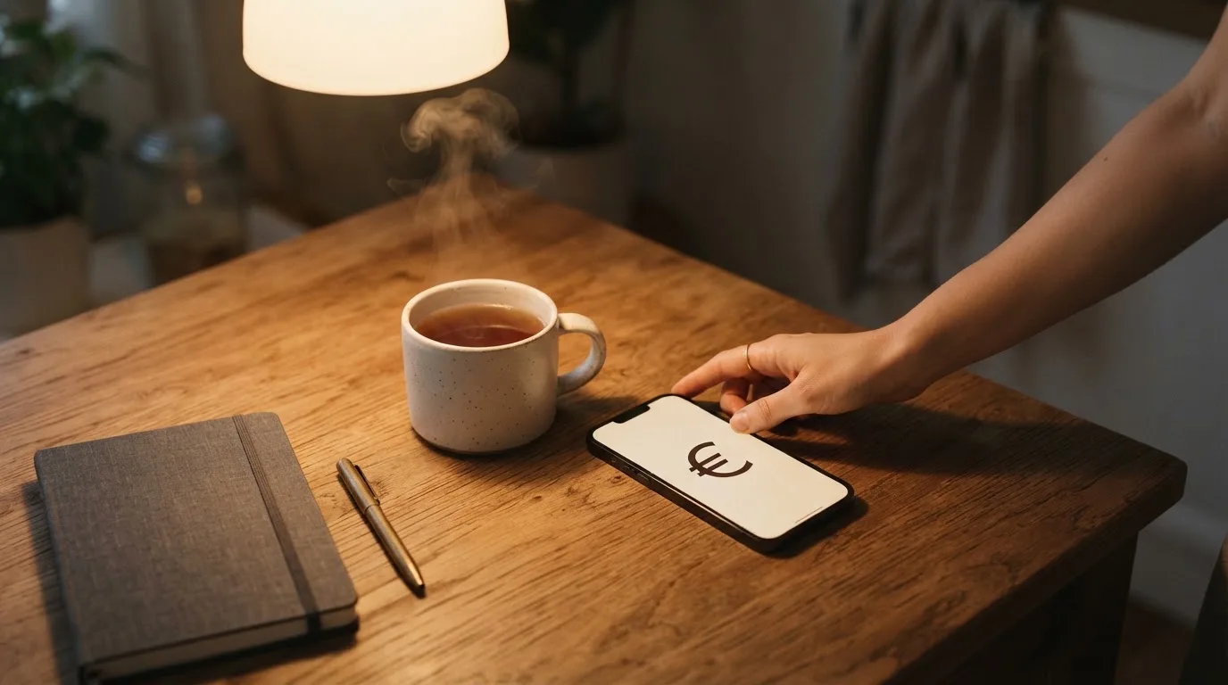 Een hand legt een smartphone naast een kopje thee op een keukentafel, een rustige avond