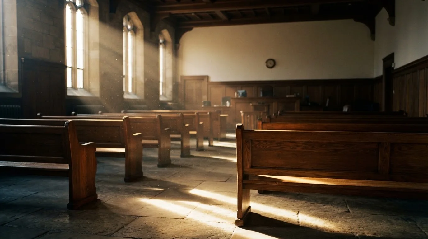 Een lege rechtszaal met houten banken in het ochtendlicht