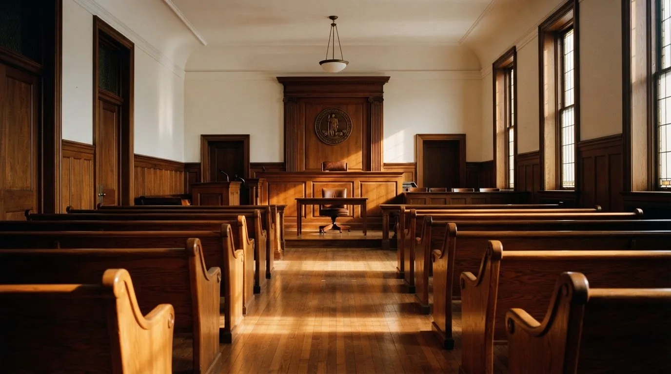 Een lege rechtszaal met houten banken in het ochtendlicht
