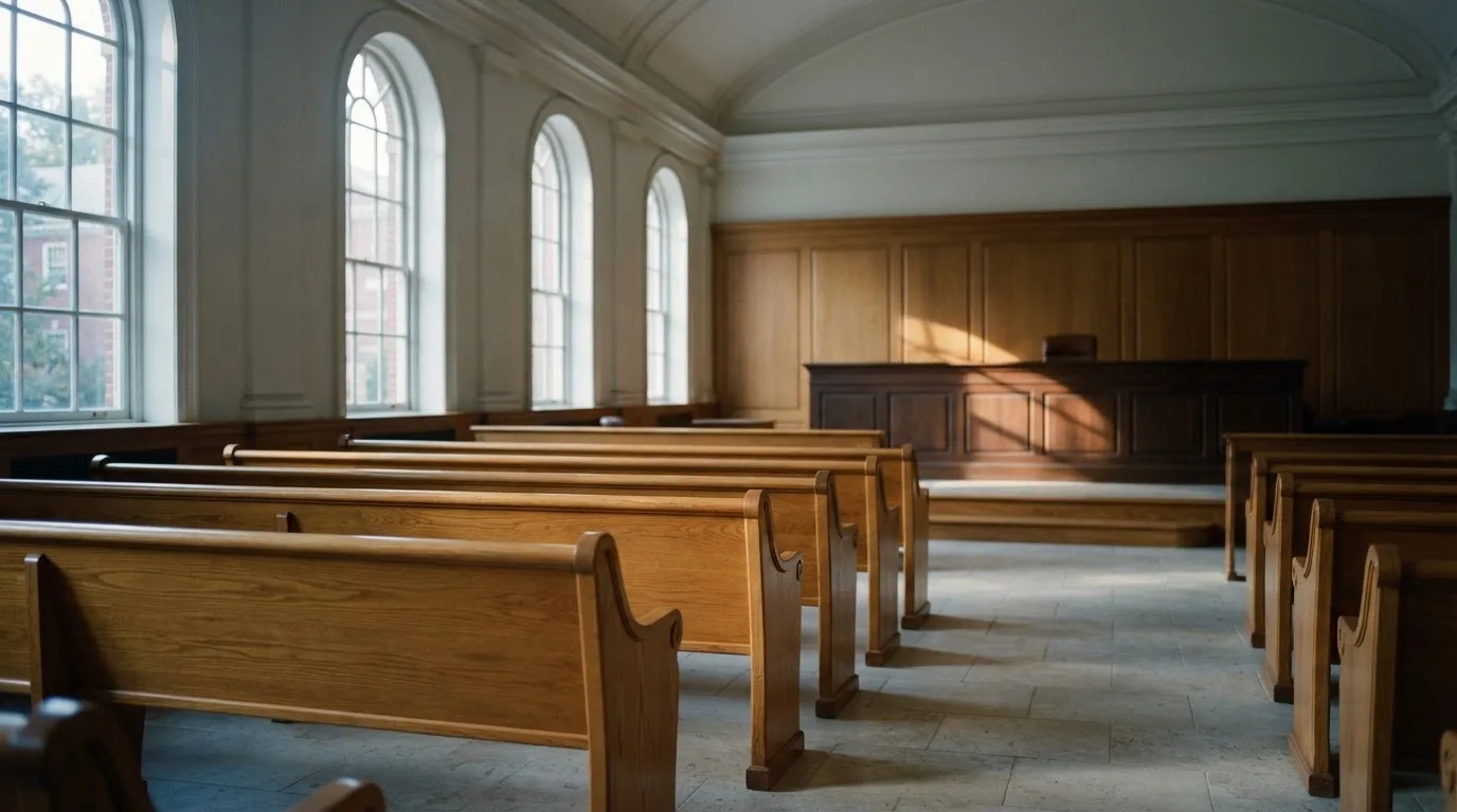 Een lege rechtszaal met houten banken in het ochtendlicht