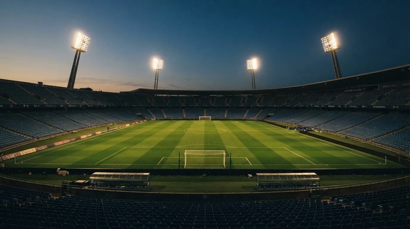 Een leeg voetbalstadion met lichtmasten bij schemering
